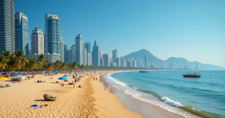 Praia central de Balneário Camboriú com arranha-céus ao fundo sob céu azul claro