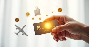 Cartão de crédito com ícone de cashback e moedas ao redor em fundo branco