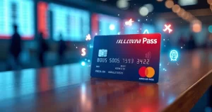 Cartão LATAM Pass sobre mesa com milhas aéreas representadas ao fundo