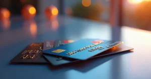 Vários cartões de crédito modernos sobre uma superfície com destaque para símbolos de milhas aéreas, salas VIP e cashback ao fundo