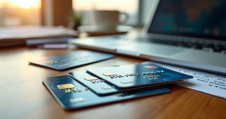 Vários cartões de crédito sobre uma mesa com passagens aéreas e um laptop ao fundo mostrando programa de milhas