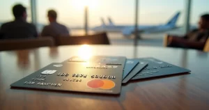 Cartões de crédito premium sobre uma mesa com fundo desfocado de aeroporto e elementos de viagem