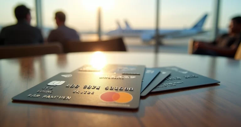 Cartões de crédito premium sobre uma mesa com fundo desfocado de aeroporto e elementos de viagem