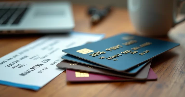 Cartões de crédito premium sobre mesa de madeira com passaporte e bilhete aéreo ao lado