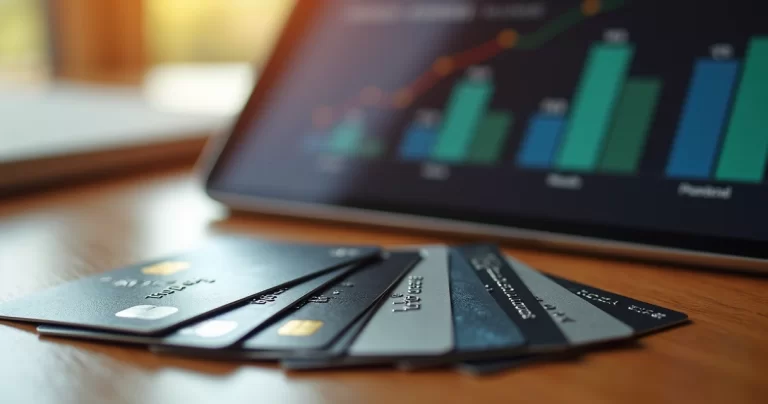 Vários cartões de crédito espalhados sobre a mesa com destaque para cartões premium e tabela de benefícios ao fundo