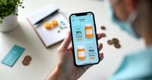 Celular com aplicativo exibindo oferta de cashback em farmácia digital