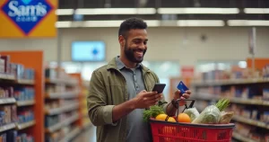 Cliente fazendo compras em supermercado com cartão de crédito na mão aproveitando cashback Sam's Club
