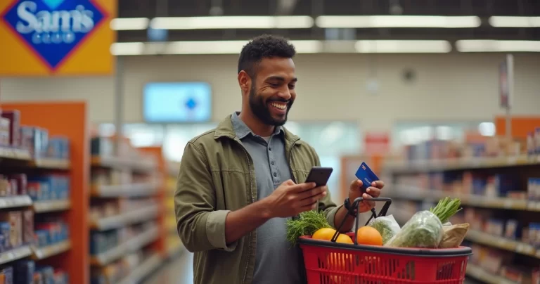 Cliente fazendo compras em supermercado com cartão de crédito na mão aproveitando cashback Sam's Club