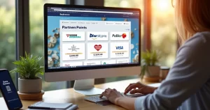 Tela de computador exibindo um site de compras online com ofertas bonificadas e pontos acumulados na parte superior da tela