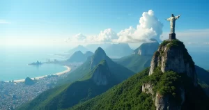 Vista panorâmica do Cristo Redentor no Rio de Janeiro cercado por montanhas e o céu azul