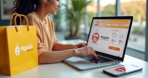 Pessoa usando cupom de desconto no site do Magazine Luiza em notebook com sacola de compras ao lado