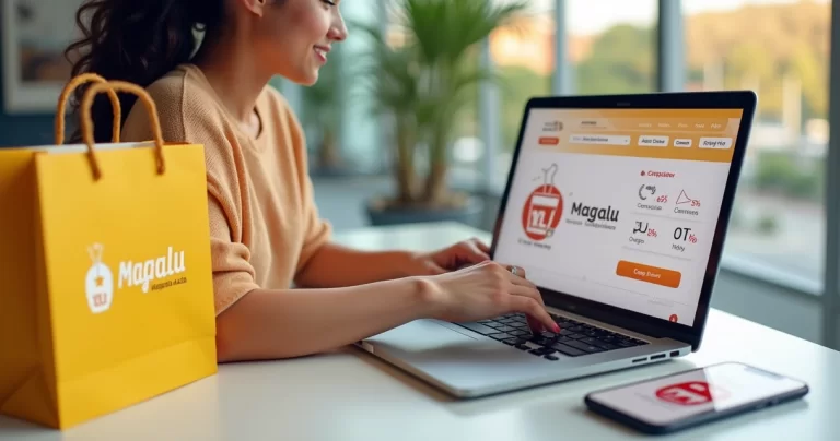 Pessoa usando cupom de desconto no site do Magazine Luiza em notebook com sacola de compras ao lado