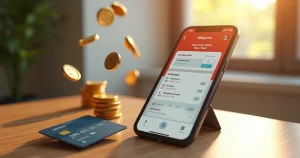 Cartão de crédito ao lado de um smartphone mostrando um aplicativo de compras do AliExpress com indicação de cashback e moedas digitais ao redor