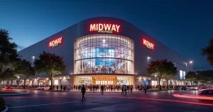 Fachada do Midway Mall iluminada à noite com grande movimentação de pessoas na entrada