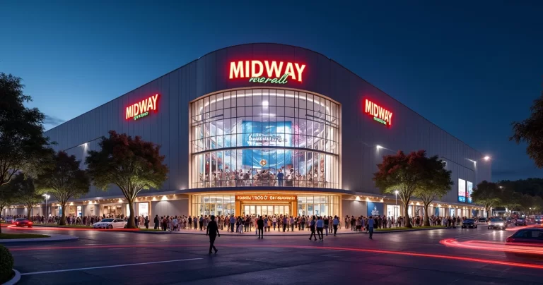 Fachada do Midway Mall iluminada à noite com grande movimentação de pessoas na entrada