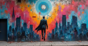 Painel vibrante de grafite colorido no Beco do Batman em São Paulo, com arte urbana detalhada em parede de tijolos e pessoas caminhando ao fundo