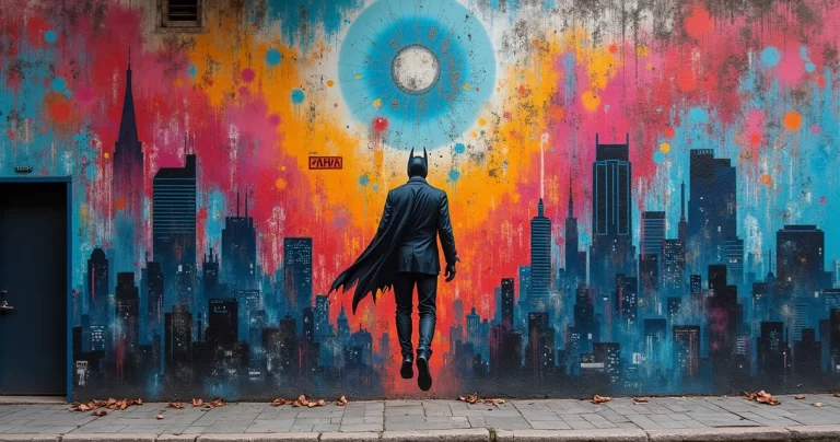 Painel vibrante de grafite colorido no Beco do Batman em São Paulo, com arte urbana detalhada em parede de tijolos e pessoas caminhando ao fundo