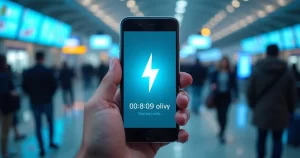 Smartphone exibindo oferta relâmpago de milhas aéreas com contador regressivo em fundo de aeroporto moderno