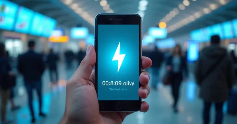 Smartphone exibindo oferta relâmpago de milhas aéreas com contador regressivo em fundo de aeroporto moderno