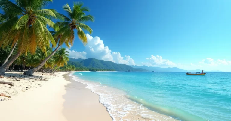 Praia com areia clara e mar azul em Arraial d'Ajuda com coqueiros e céu ensolarado