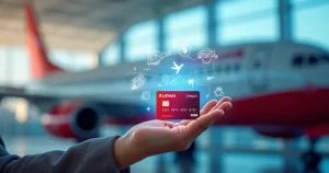 Passageiro segurando cartão LATAM Pass com fundo de avião e gráficos de milhas