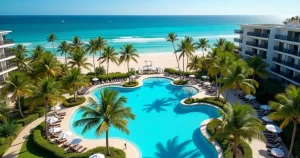 Vista aérea de resort all inclusive com piscina azul, praia tropical e áreas verdes