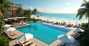 Resort de luxo à beira-mar com piscina grande e jardins bem cuidados