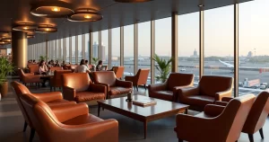 Sala VIP moderna no Aeroporto de Congonhas com poltronas confortáveis, iluminação elegante e vista para o terminal