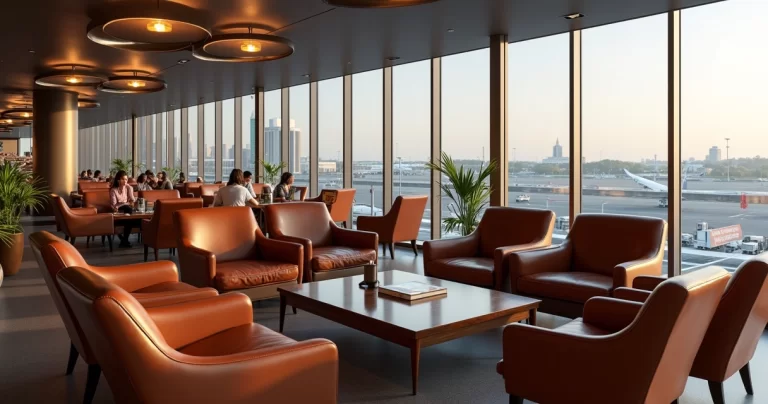 Sala VIP moderna no Aeroporto de Congonhas com poltronas confortáveis, iluminação elegante e vista para o terminal