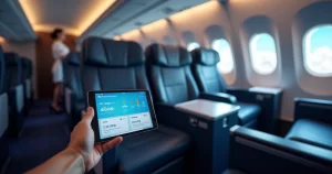 Interior de avião mostrando cabine executiva com assentos espaçosos e mesa com tablet exibindo milhas aéreas