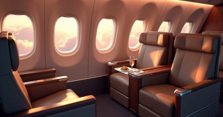 Cabine de avião executiva luxuosa com poltronas de couro reclináveis e vista panorâmica para nuvens ao pôr do sol