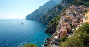 Vista panorâmica da Costa Amalfitana mostrando Positano e mar azul com barcos
