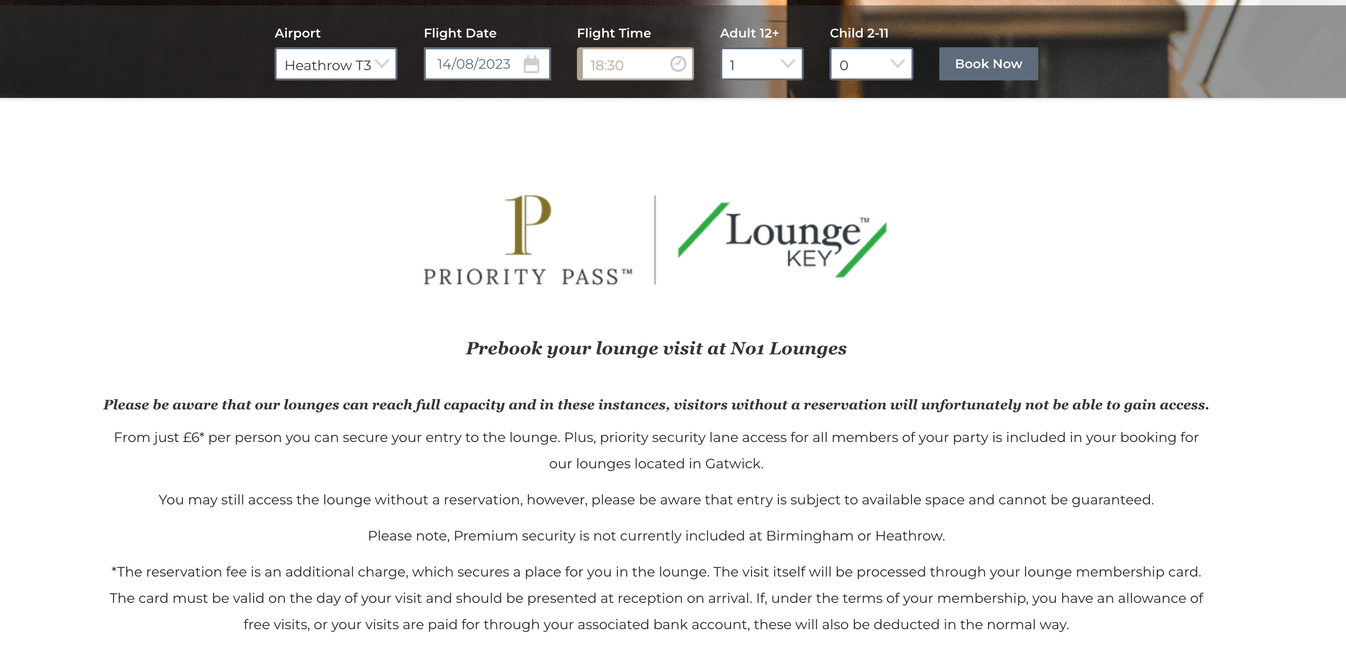 Priority Pass lounge reservation website.