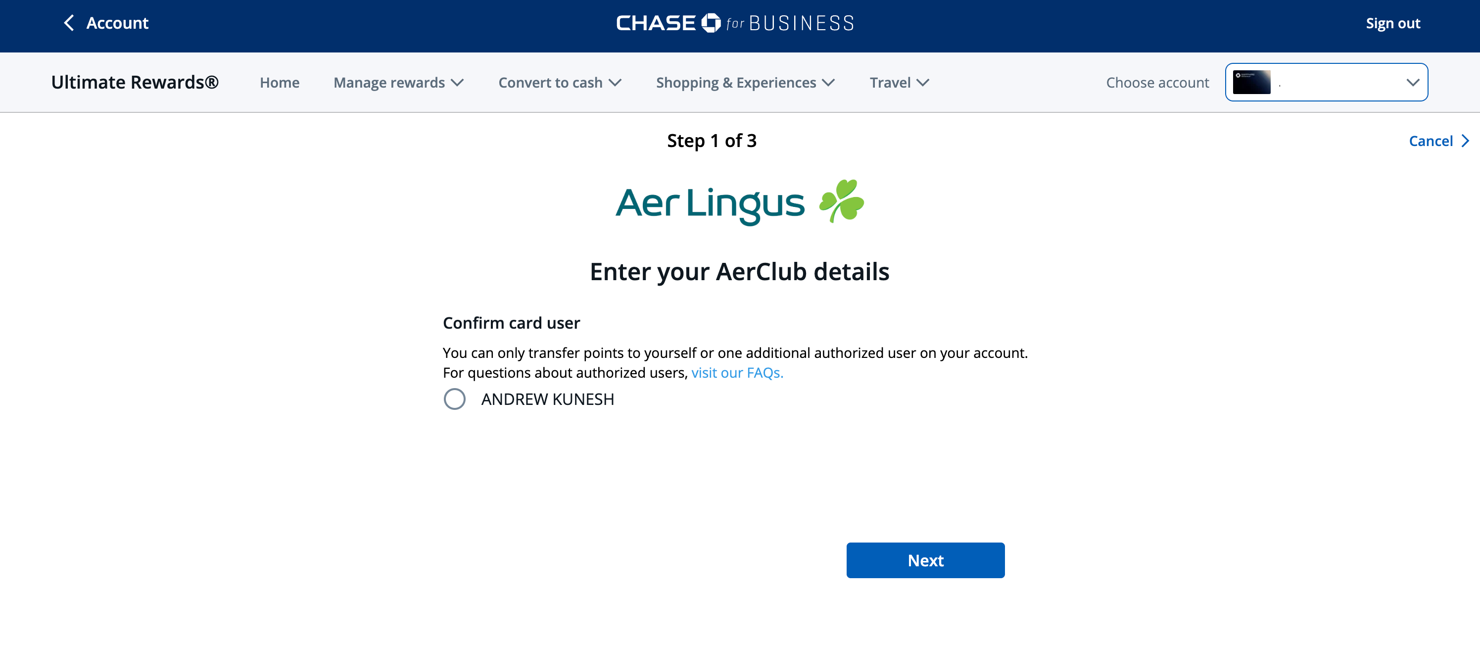Linking an Aer Lingus account to Chase